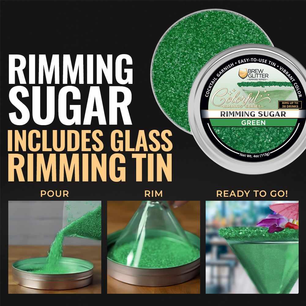 Green pearl cocktail rimming sugar in a 4oz tin with instructional steps for pouring, rimming a glass, and garnishing drinks.