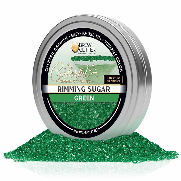 4oz tin of vibrant green cocktail rimming sugar with a decorative label, surrounded by a pile of sparkling green sugar crystals.