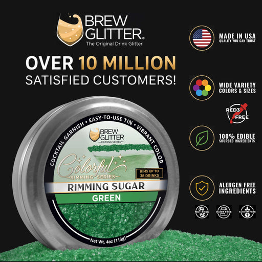 Green cocktail rimming sugar in a 4oz metal tin with a branded label against a black background.