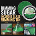 Vibrant green cocktail rimming sugar in a 4oz tin with step-by-step instructions for pouring, rimming, and garnishing glasses.