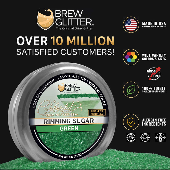 Green cocktail rimming sugar in a 4oz metal tin with a vibrant green label and text highlighting edible drink garnish.
