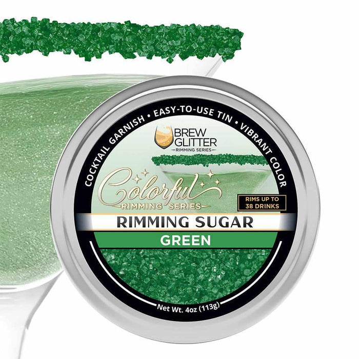4oz tin of vibrant green cocktail rimming sugar for decorating glass rims, featuring a branded label and sparkling sugar crystals.