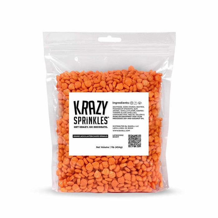 1 lb bag of Krazy Sprinkles orange jack o' lantern shaped candy sprinkles.