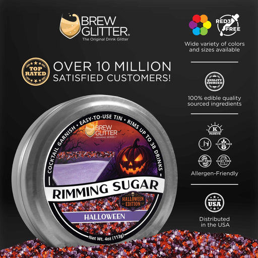 Halloween edition cocktail rimming sugar in a 4oz silver tin with purple, orange, and black sugar crystals for spooky drinks.