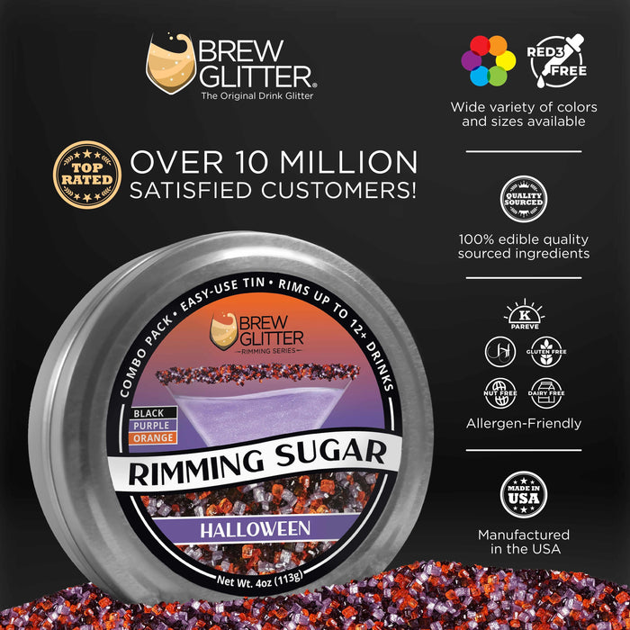 Halloween Rimming Sugar tin with black, purple, and orange sugar crystals, 4oz.