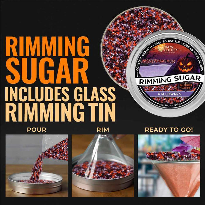 Halloween cocktail rimming sugar in a 4oz tin with orange, black, and purple crystals for decorating drink glasses.