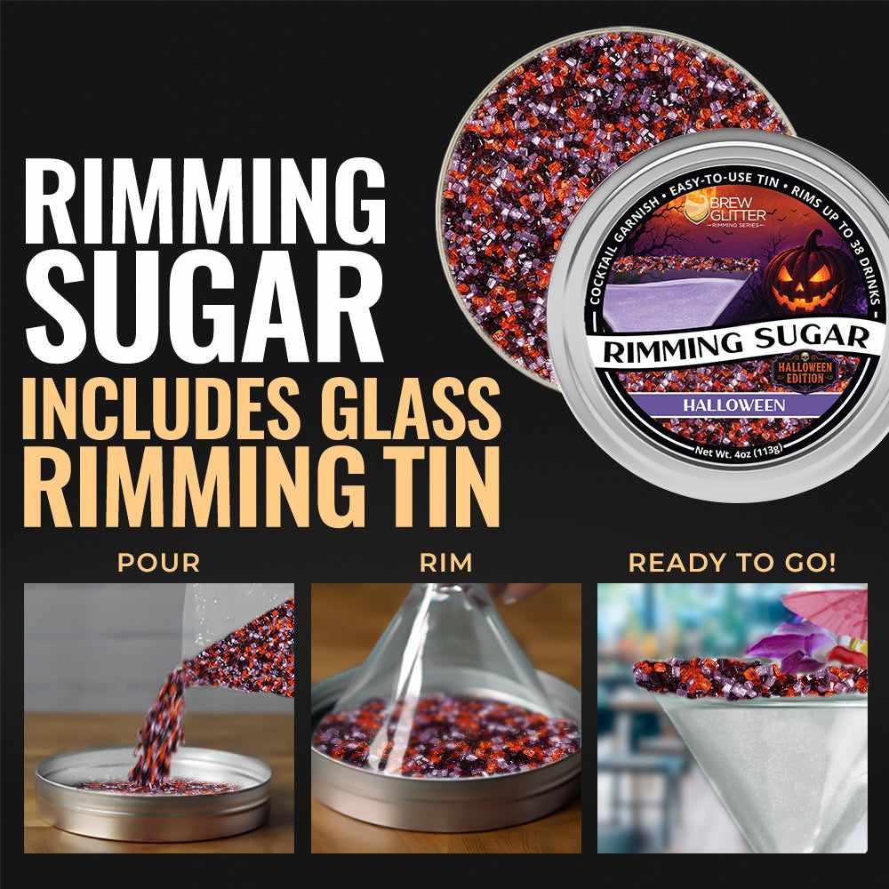 Halloween cocktail rimming sugar in a 4oz tin with purple, orange, and black crystals for decorating glass rims.