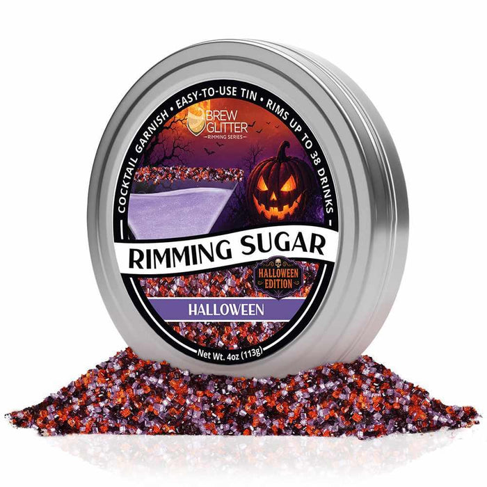 4oz tin of Halloween cocktail rimming sugar with purple, orange, and black crystals in front of a spooky pumpkin label.