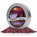 4oz tin of Halloween cocktail rimming sugar with purple, orange, and black crystals in front of a spooky pumpkin label.