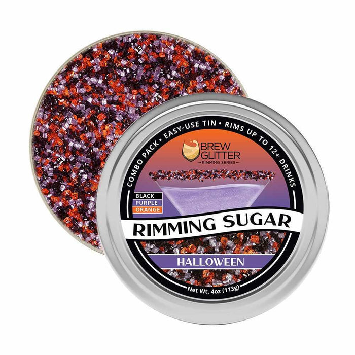 Halloween rimming sugar in a silver tin, featuring black, purple, and orange sprinkles.