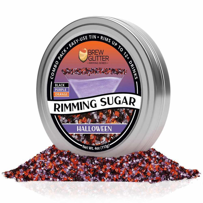 Halloween Rimming Sugar tin with black, purple, and orange sugar crystals.