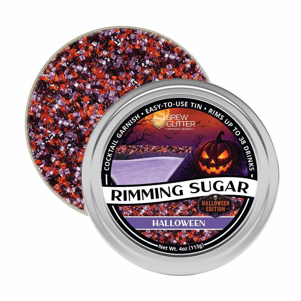 4oz tin of orange and purple Halloween cocktail rimming sugar with a spooky jack-o'-lantern label design.