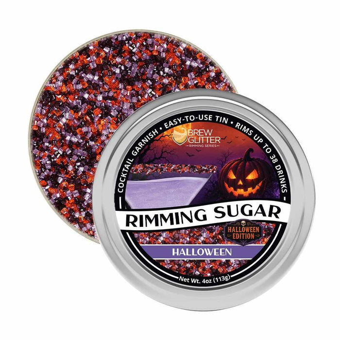 4oz tin of Halloween cocktail rimming sugar featuring a blend of orange and purple crystals with a spooky jack-o'-lantern label.