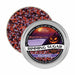 4oz tin of Halloween cocktail rimming sugar featuring a blend of orange and purple crystals with a spooky jack-o'-lantern label.