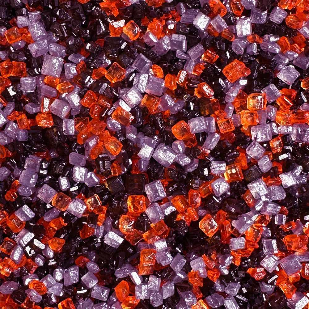 Coarse Halloween cocktail rimming sugar in a festive mix of vibrant orange, deep purple, and black sparkling sugar crystals.