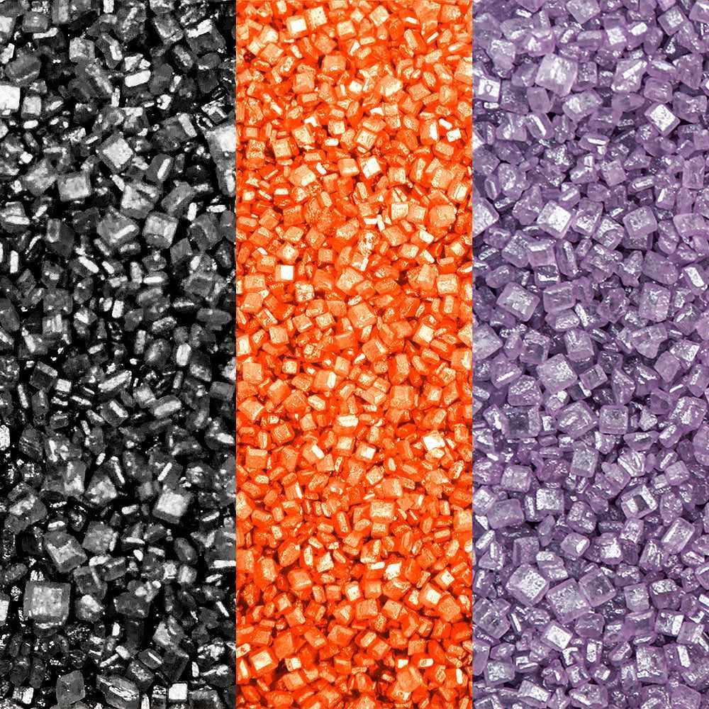Sparkling black, orange, and purple cocktail rimming sugar crystals for Halloween drinks.