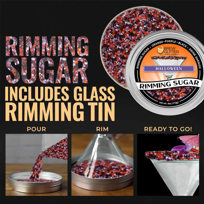 Halloween rimming sugar in orange, purple, and black, with a tin for easy glass rimming.