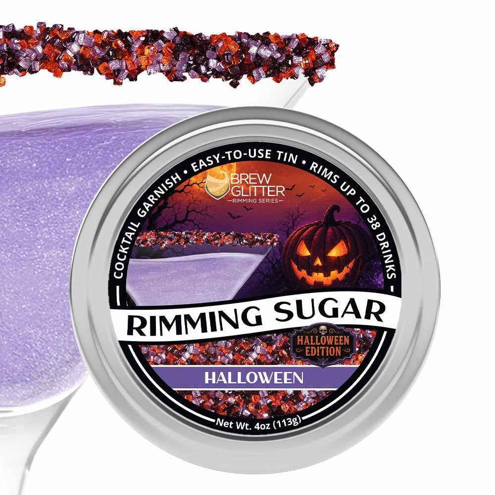 4oz tin of Halloween cocktail rimming sugar with orange and black crystals, featuring a spooky pumpkin label design.