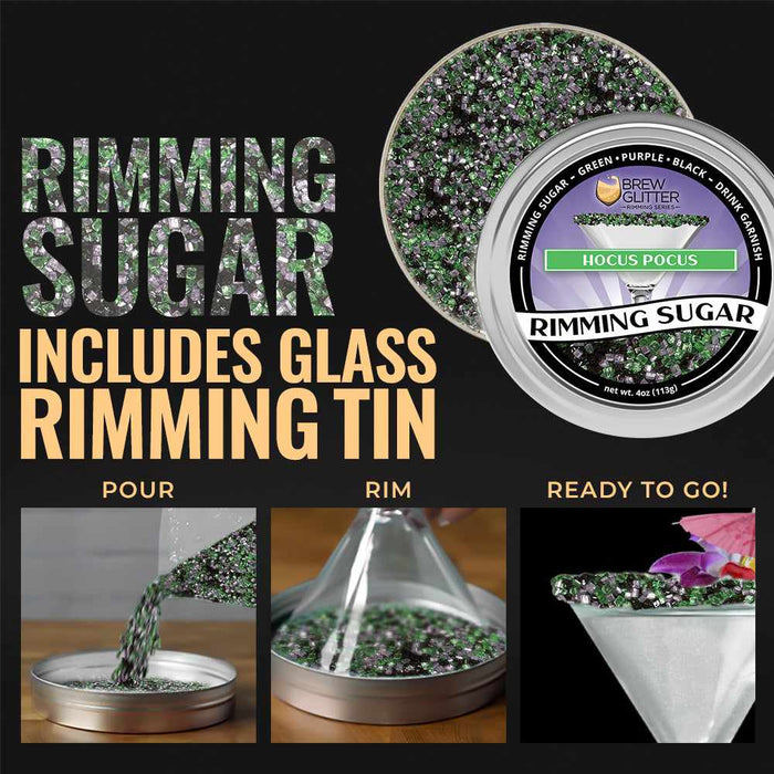 Hocus Pocus Rimming Sugar in green, purple, and black glitter, shown in a tin and on a cocktail glass.