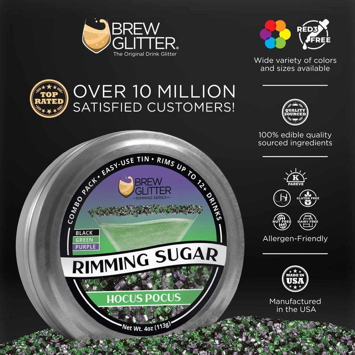 Hocus Pocus Rimming Sugar in a silver tin, featuring black, green, and purple sugar crystals.