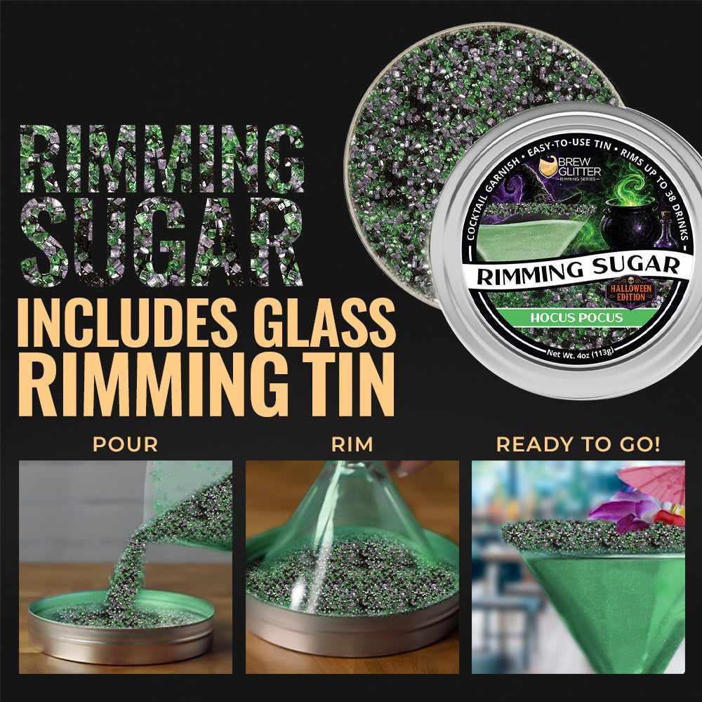 Hocus Pocus Halloween cocktail rimming sugar in a 4oz tin with green and purple glitter crystals for glass garnishing.