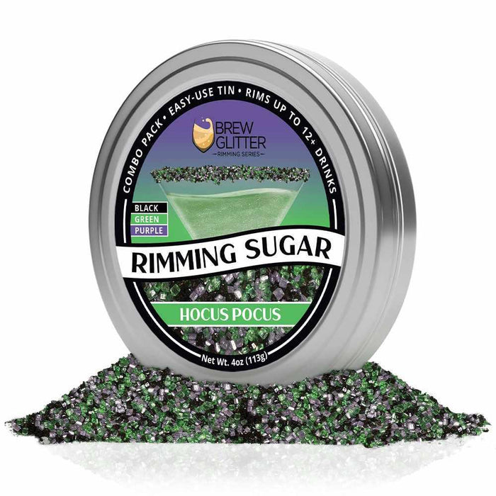 Hocus Pocus Rimming Sugar in an easy-use tin, with black, green, and purple sugar crystals.