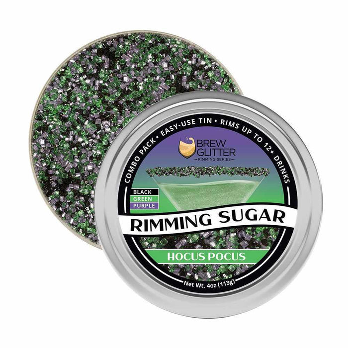 Hocus Pocus Rimming Sugar in a 4oz tin, featuring black, green, and purple sugar crystals.