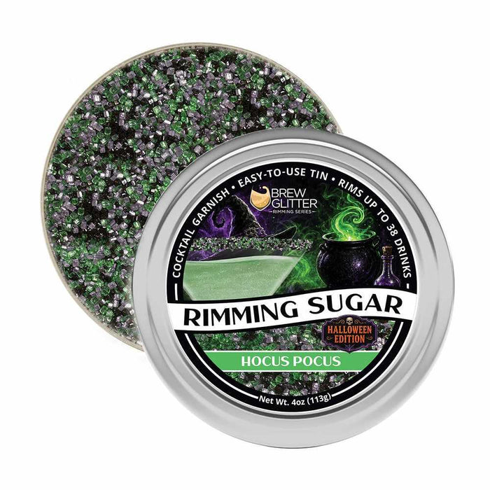 Hocus Pocus Halloween cocktail rimming sugar in a 4oz tin with green and black sugar crystals.