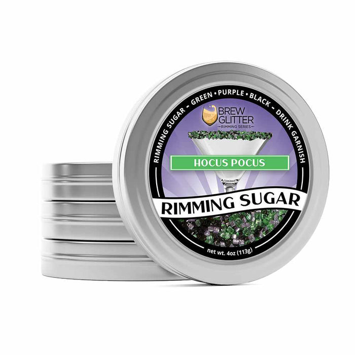 Hocus Pocus Rimming Sugar in a silver tin, featuring green, purple, and black sugar crystals.