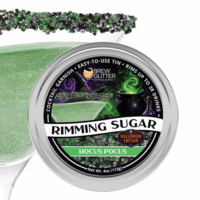 Hocus Pocus Halloween cocktail rimming sugar in a 4oz tin with purple and green sugar crystals on a glass rim.