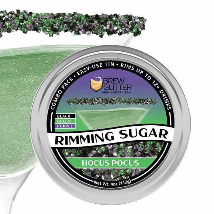 Hocus Pocus Rimming Sugar in a 4oz tin, featuring black, green, and purple sugar crystals on a cocktail glass.