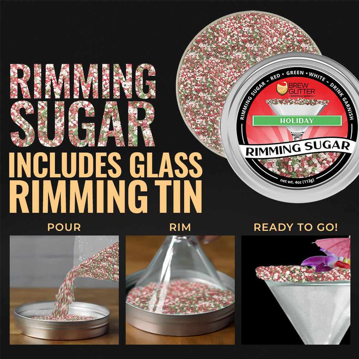 Holiday Rimming Sugar in a tin, featuring red, green, and white sprinkles for festive drink garnishes.