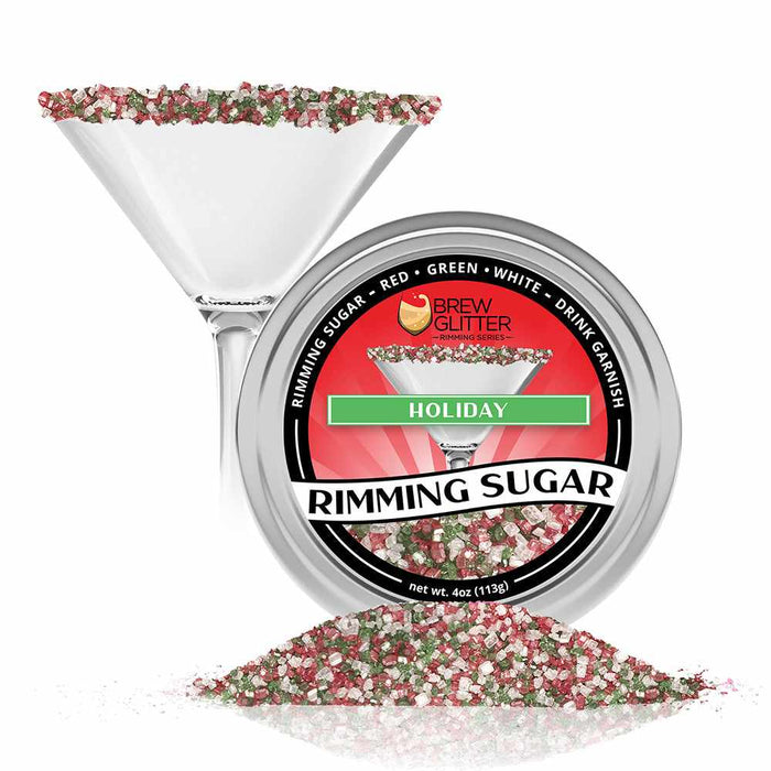 Holiday Rimming Sugar in red, green, and white, garnishing a martini glass with a 4oz tin.