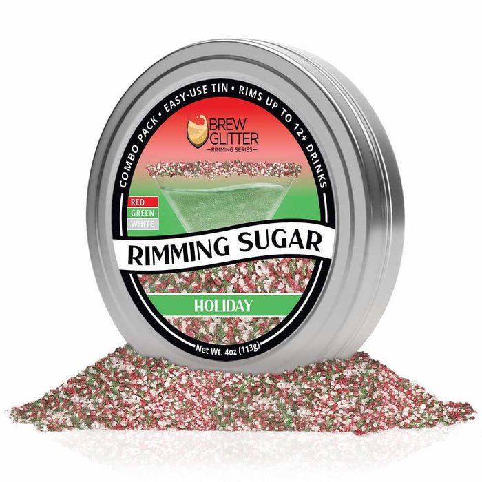 Brew Glitter Holiday Rimming Sugar in a 4oz tin, with red, green, and white sprinkles.