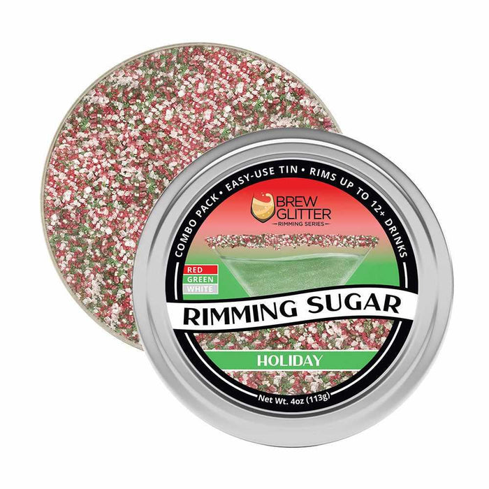 Holiday Rimming Sugar in a silver tin, featuring red, green, and white sprinkles for festive cocktails.