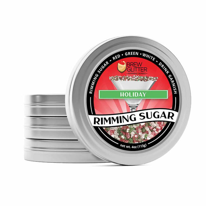 Holiday Rimming Sugar in a silver tin with a red, green, and white sugar mix.