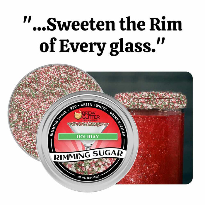 Holiday Rimming Sugar in a silver tin, featuring red, green, and white sprinkles on a glass rim.
