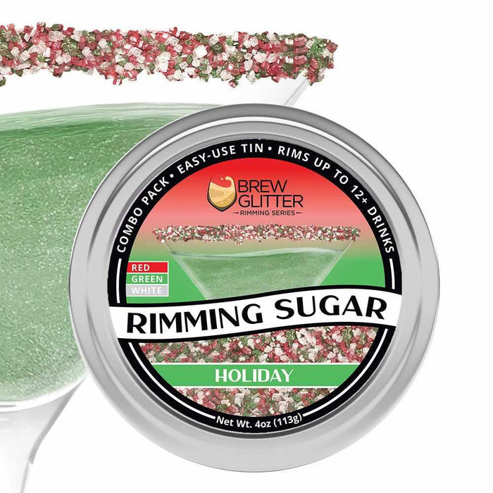 Holiday Rimming Sugar tin with red, green, and white sugar on a glass rim.