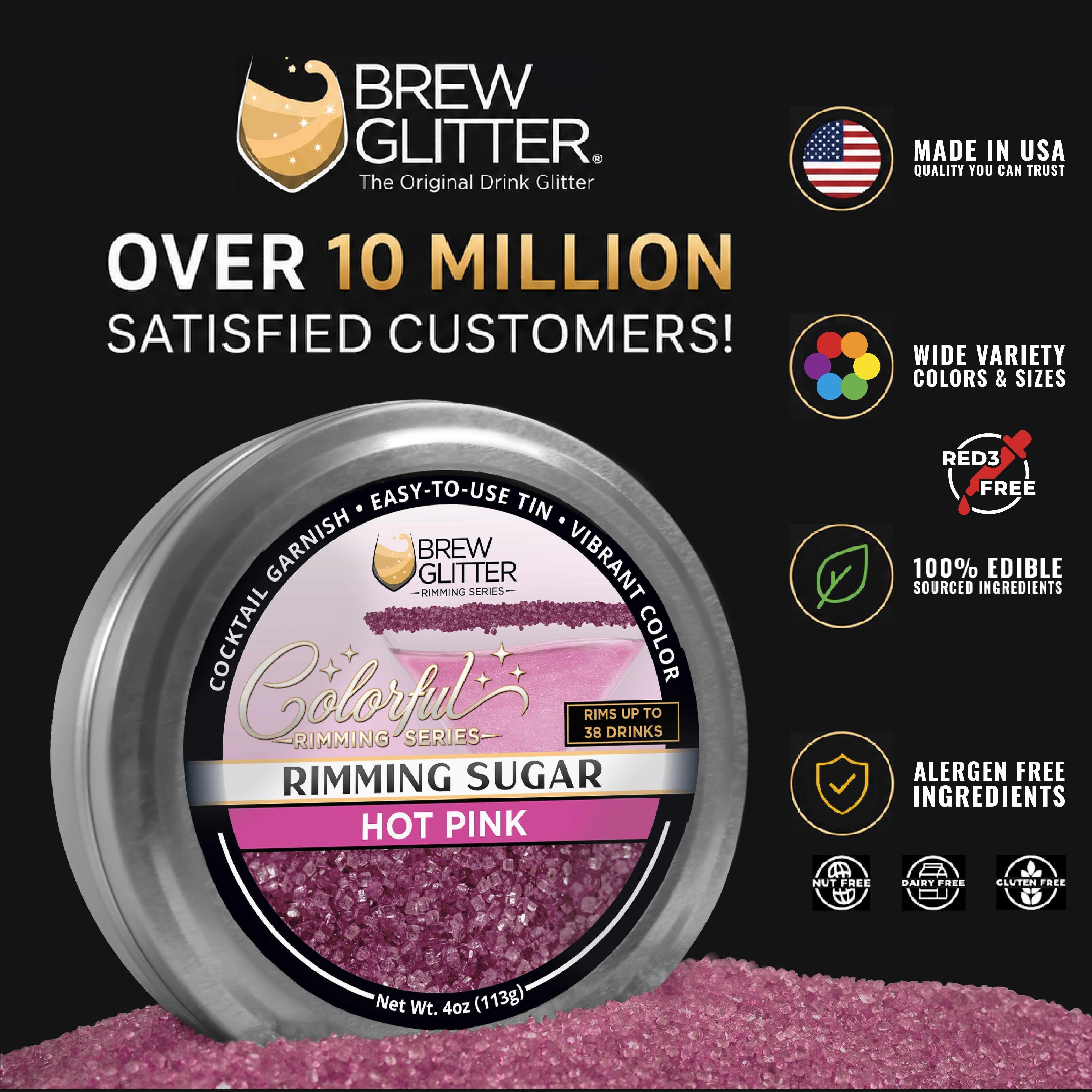 Hot pink cocktail rimming sugar in a 4oz silver tin, featuring vibrant sugar crystals for garnishing drink glasses.