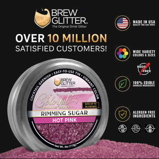 Hot pink cocktail rimming sugar in a 4oz silver tin, featuring vibrant sugar crystals for garnishing drink glasses.
