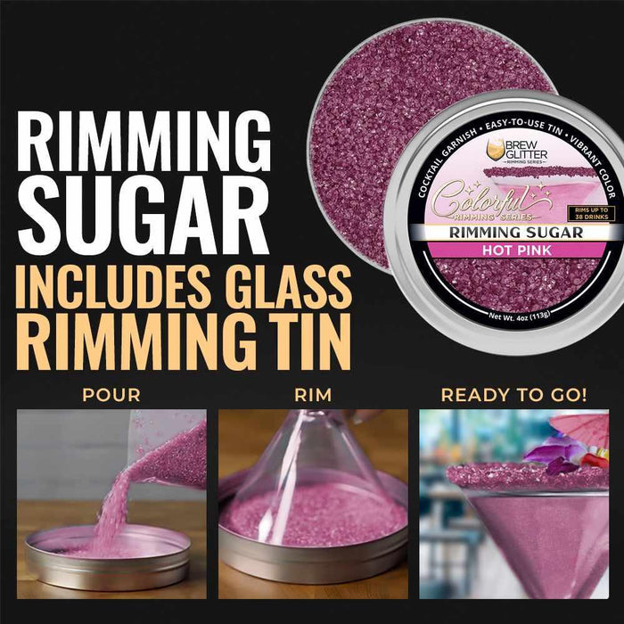 Hot pink cocktail rimming sugar in a 4oz tin with instructions for pouring and rimming a glass for vibrant drink garnishes.