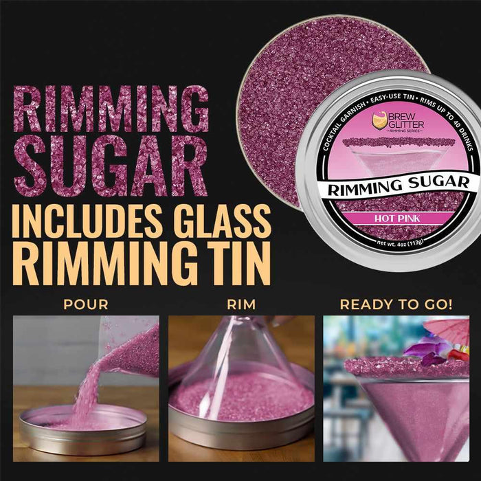 Hot pink rimming sugar in a tin with a glass rimming tin, shown pouring, rimming, and on a cocktail.
