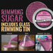 Hot pink rimming sugar in a tin with a glass rimming tin, shown pouring, rimming, and on a cocktail.