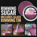 Hot pink cocktail rimming sugar in a 4oz tin with instructions on how to garnish a glass for vibrant, sweet drinks.