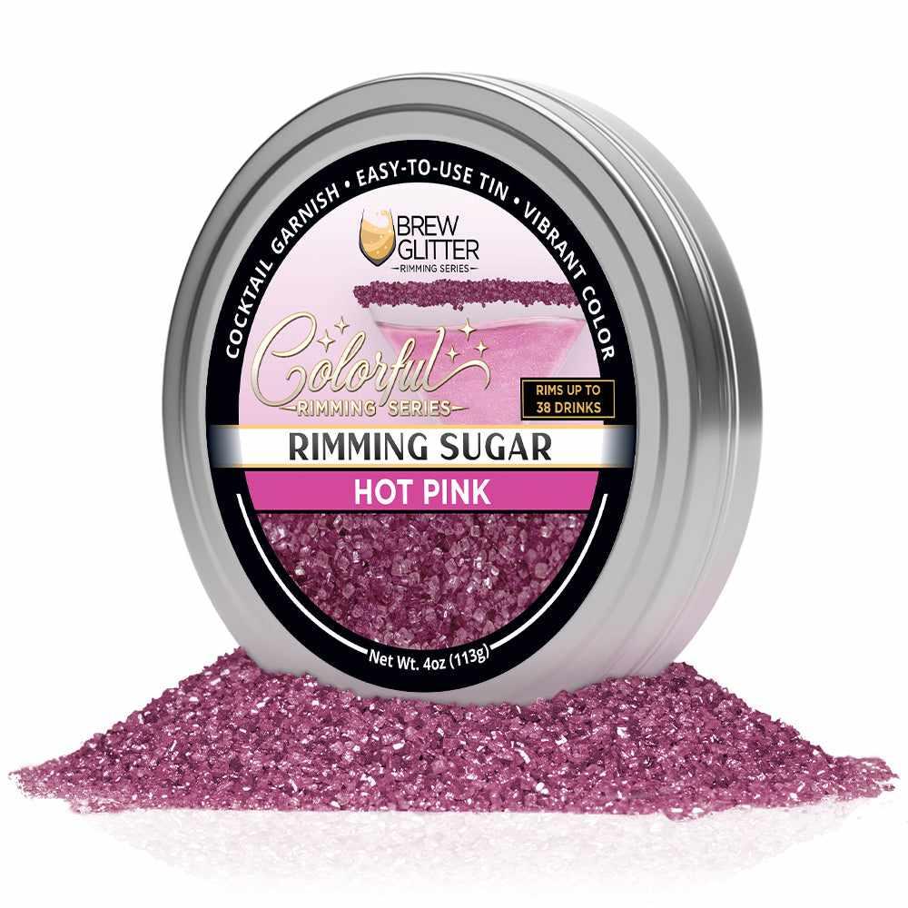 Hot pink cocktail rimming sugar in a 4oz silver tin with a branded label.