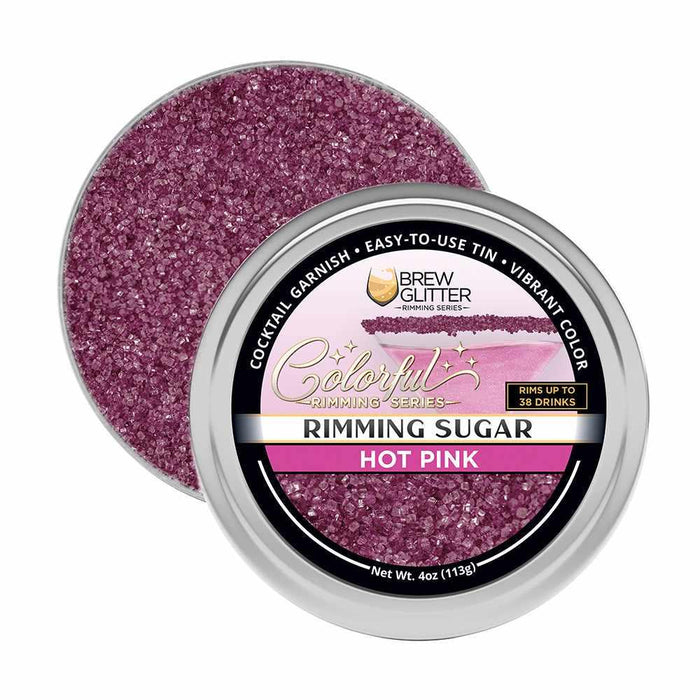 Hot pink cocktail rimming sugar in a 4oz silver tin for garnishing drinks.