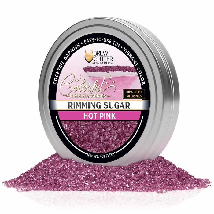 4oz tin of hot pink cocktail rimming sugar with a branded label and a pile of vibrant pink sugar crystals below.