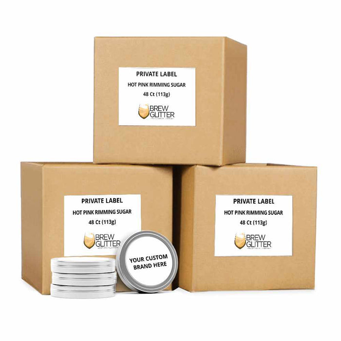Wholesale hot pink rimming sugar in 4oz tins with custom branding and shipping boxes.