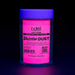 Hot pink ultrafine UV reactive iridescent craft glitter in a clear jar with a glowing purple lid.