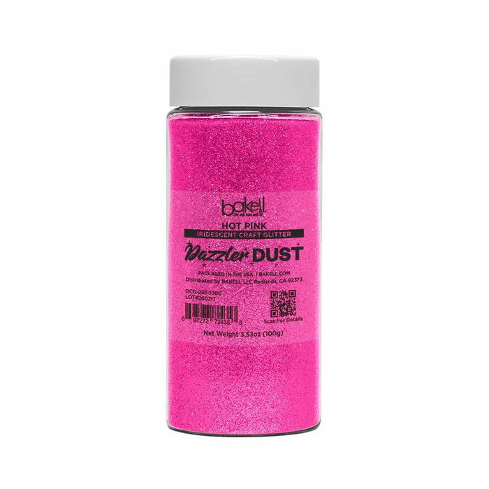 Hot pink ultrafine UV reactive iridescent craft glitter in a clear 100g jar with a white lid.